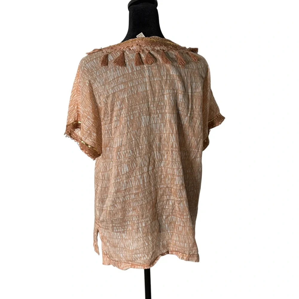 J. Crew Fringe Beaded V Neck Tunic Top Sea Grass Sequin Size 8 Resort Beach BOHO